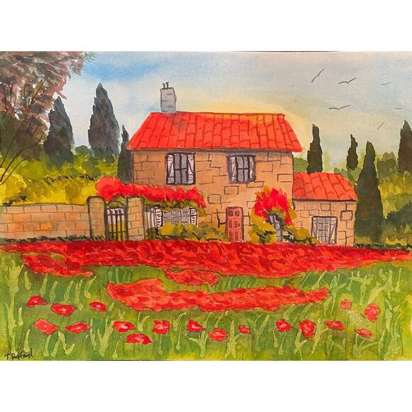 Hand painted watercolor original painting cottage poppies